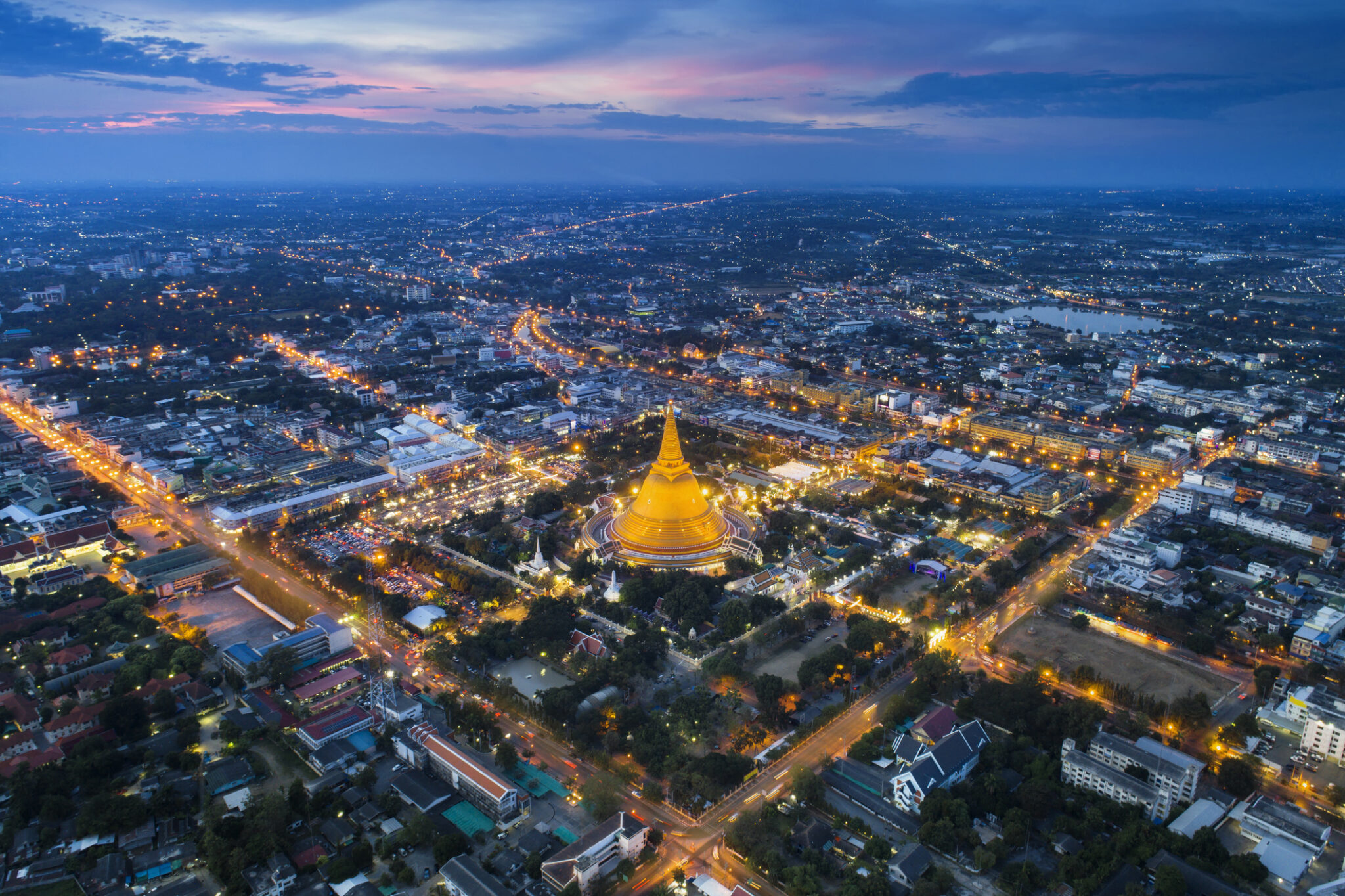 Drone shot of Bangkok cityscape at night